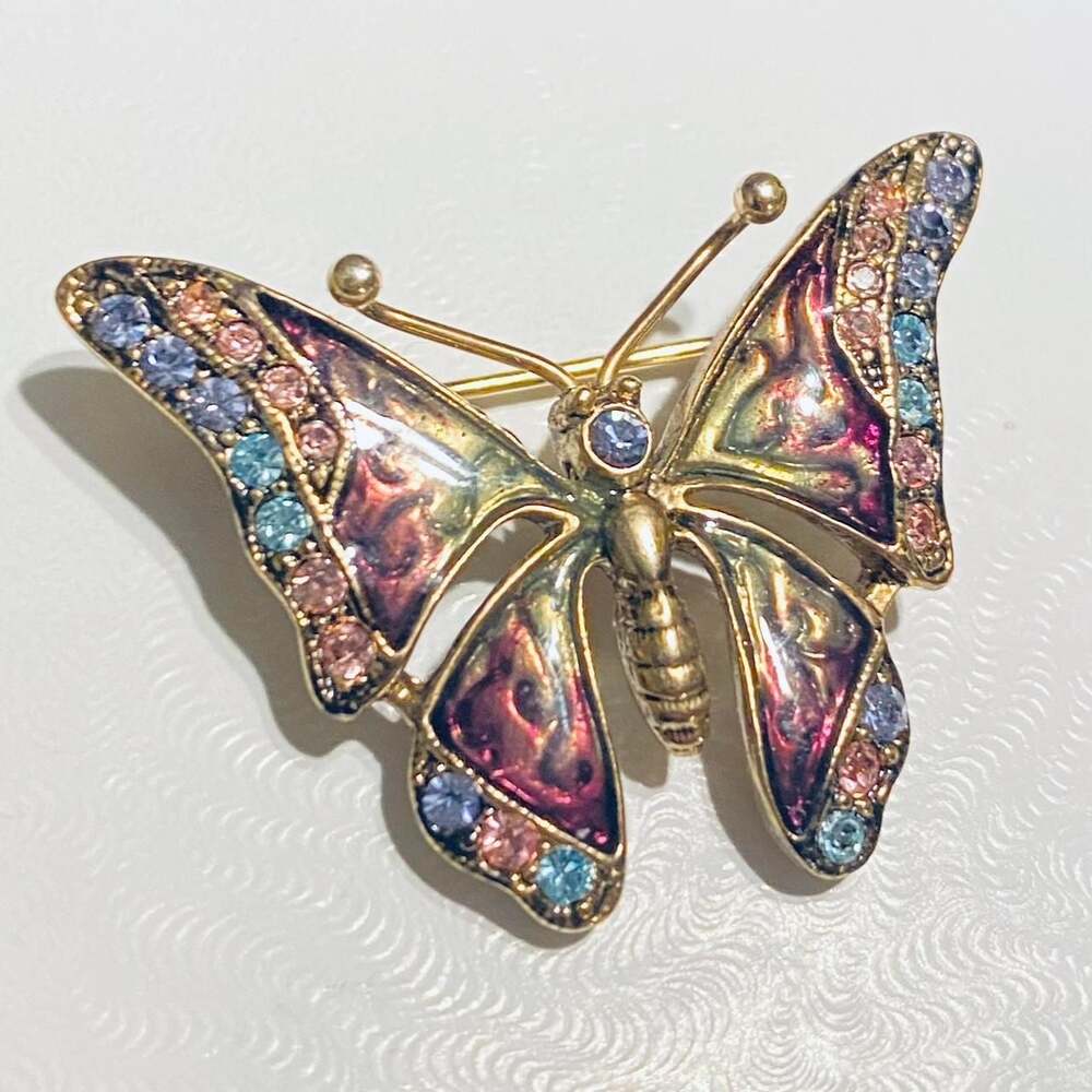 Liz Claiborne Butterfly Brooch Pin, Enameled & Jeweled Rainbow Sparkle